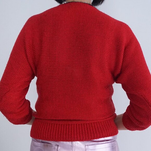 Vintage Franco Valeri Red Knit Black V-Neck Details Colourful Leaves Sweater S - Picture 3 of 11